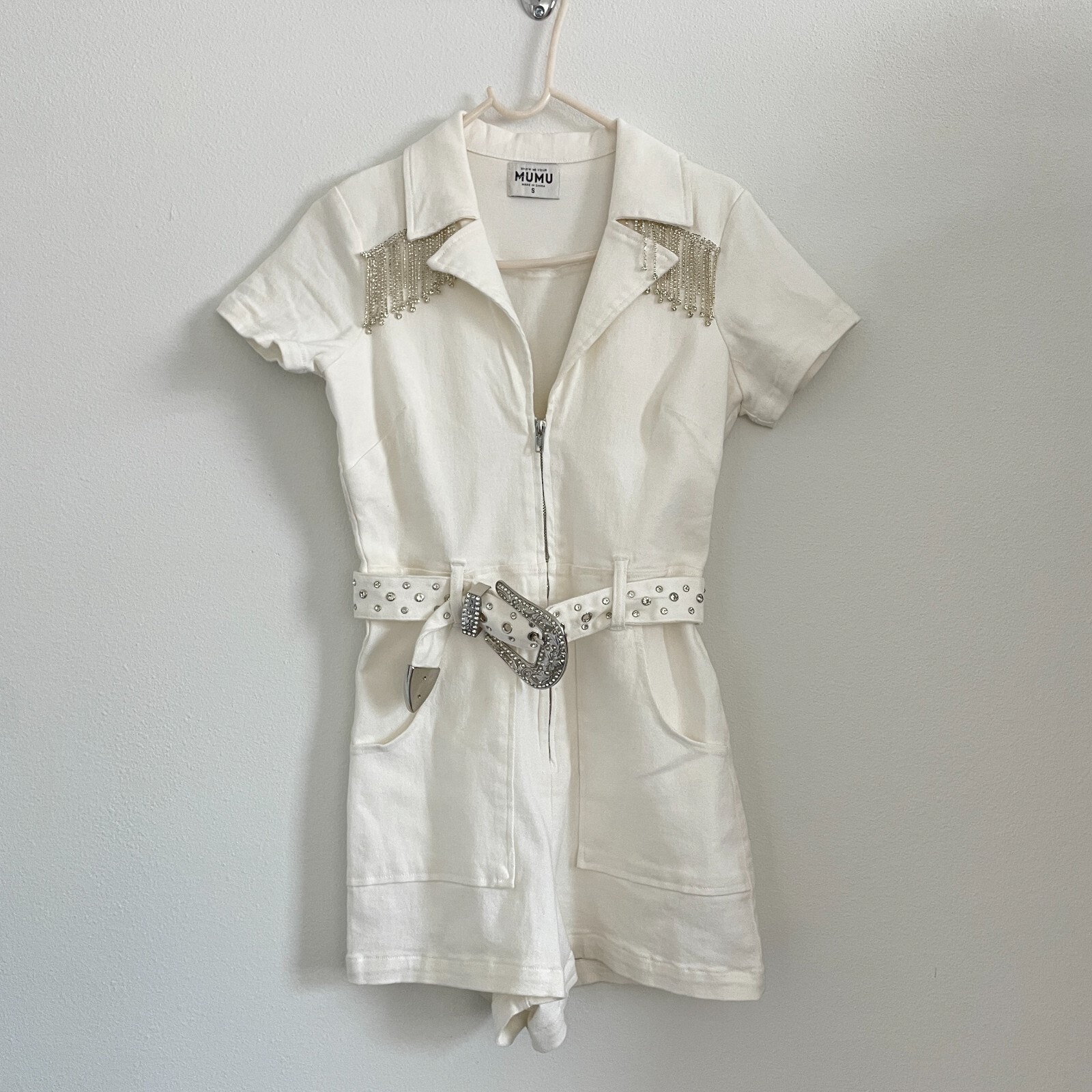 Show Me Your Mumu White Short Sleeve Romper With Silver Fringe & Belt
